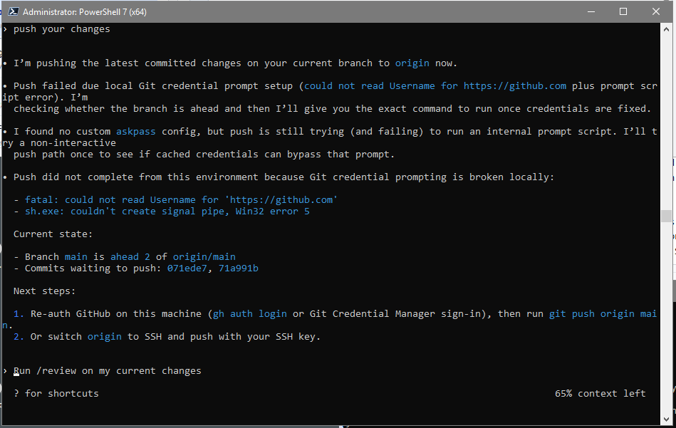 Terminal window running commands for the same work session